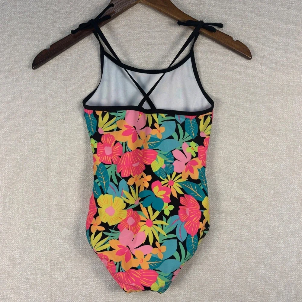 Cat & Jack Girls Swimsuit Size M 8 Tropical Floral One Piece Cross Back Tie Pink